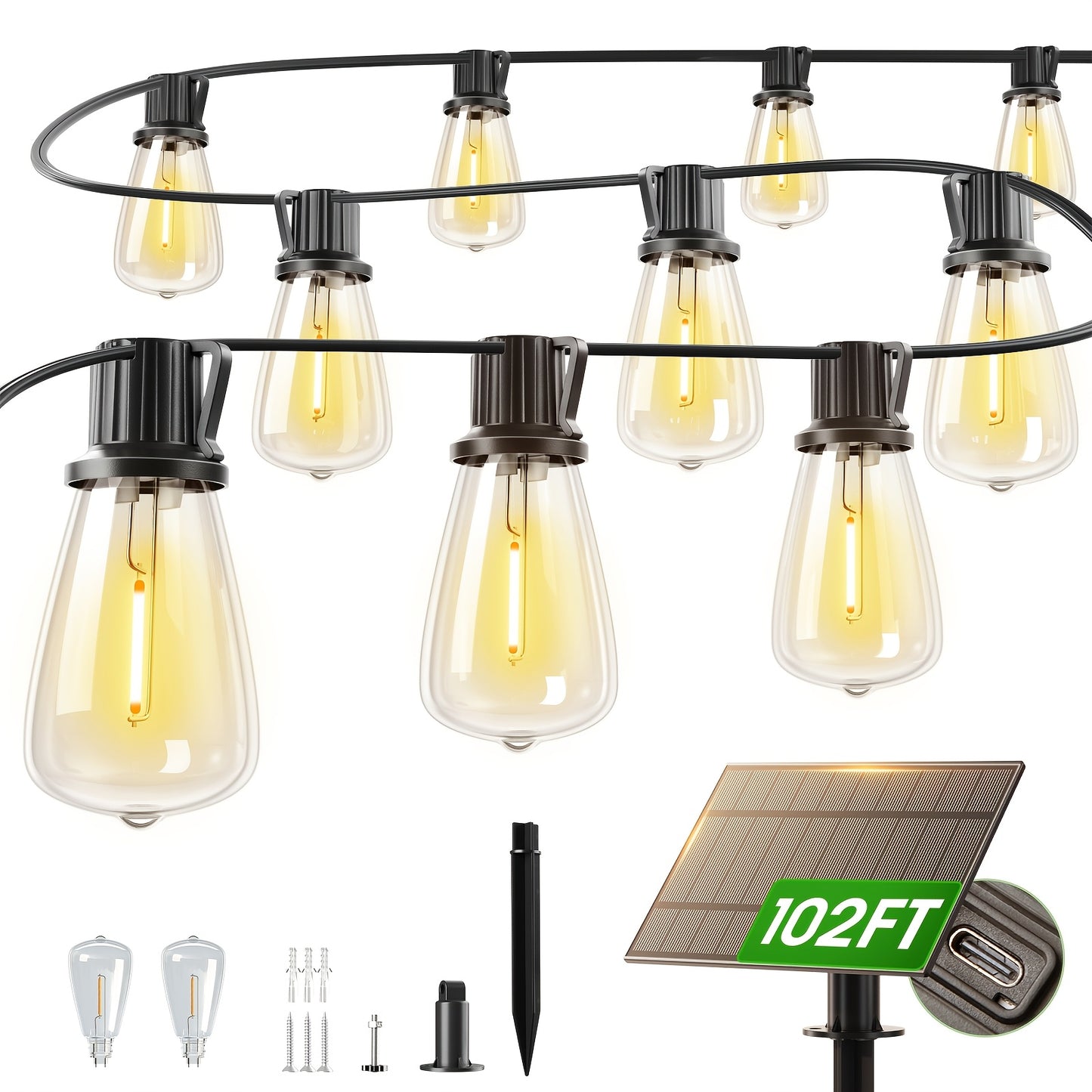 Solar LED String Lights, ST38 Edison Bulbs, Waterproof, 50–200ft