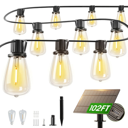Solar LED String Lights, ST38 Edison Bulbs, Waterproof, 50–200ft