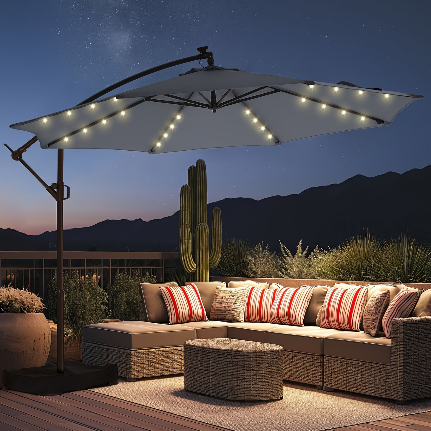 Solar LED Cantilever Patio Umbrella, 10ft, UPF50+, with Base