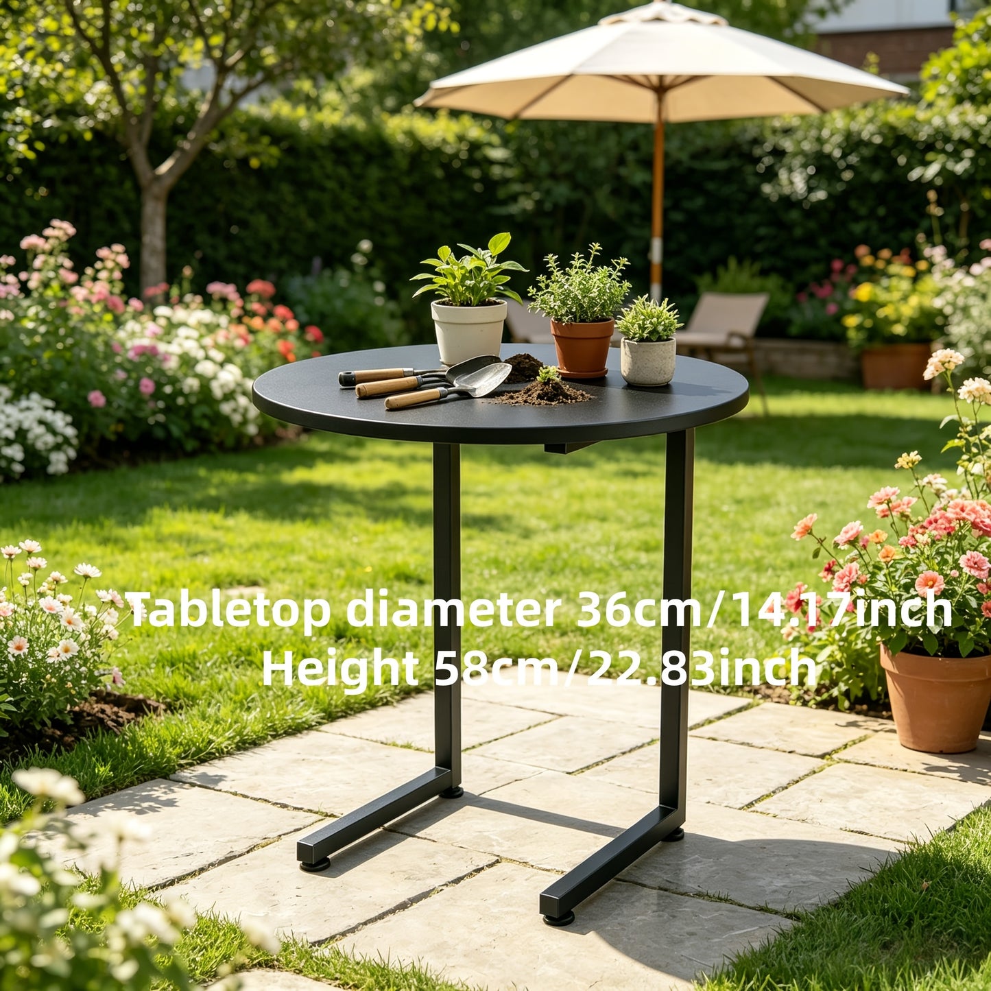 Marble-Look Round Outdoor Side Table, Double Shelf, Metal Frame