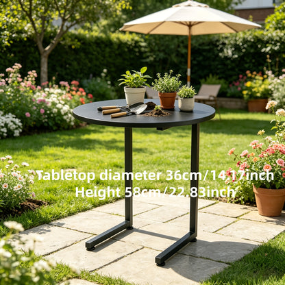 Marble-Look Round Outdoor Side Table, Double Shelf, Metal Frame