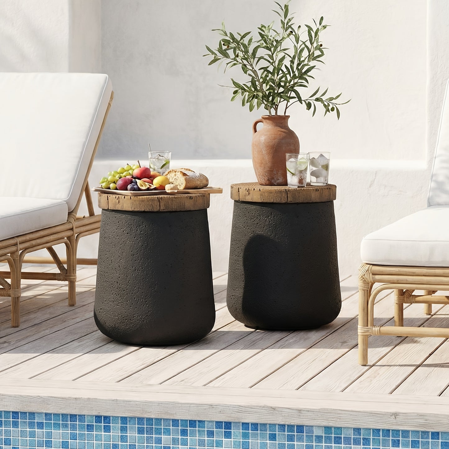 Concrete-Look Garden Side Table, 17", Wooden Top, Indoor/Outdoor