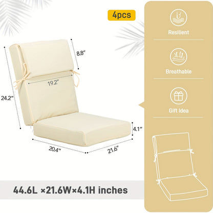 High-Back Patio Cushions, Olefin Fabric, 46" × 21" × 4", Set of 4