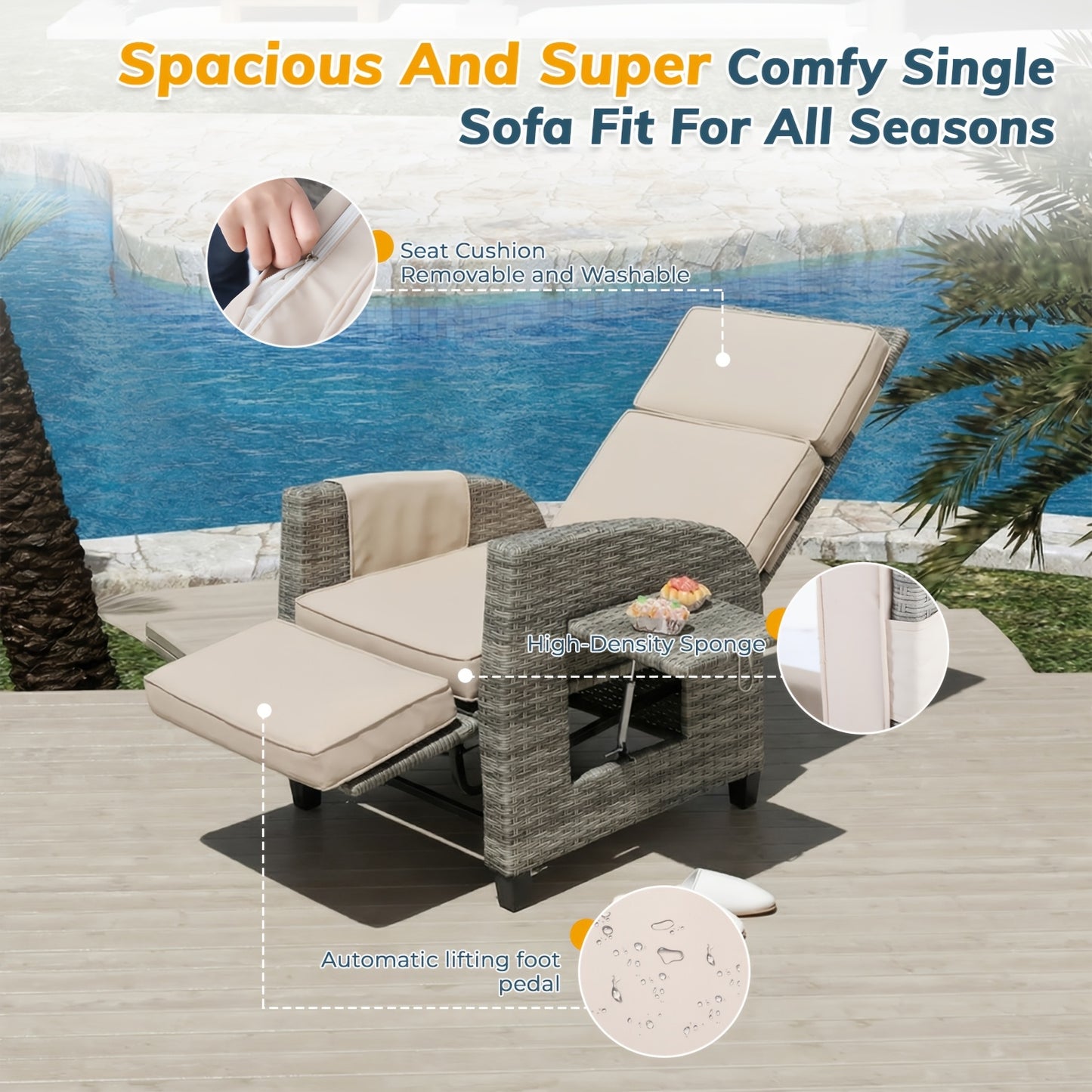 All-Weather Wicker Patio Recliner, Lay-Flat, Footrest & Side Table
