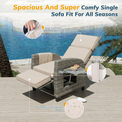 All-Weather Wicker Patio Recliner, Lay-Flat, Footrest & Side Table