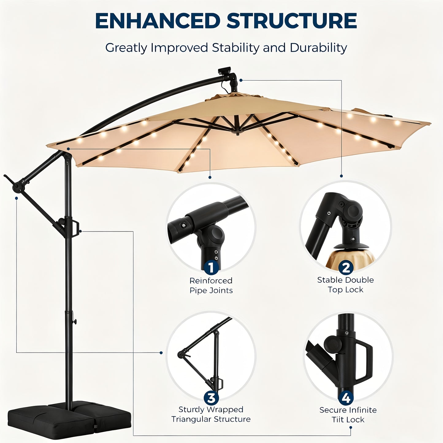 Solar LED Cantilever Patio Umbrella, 10ft, UPF50+, with Base