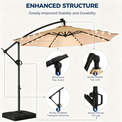 Solar LED Cantilever Patio Umbrella, 10ft, UPF50+, with Base