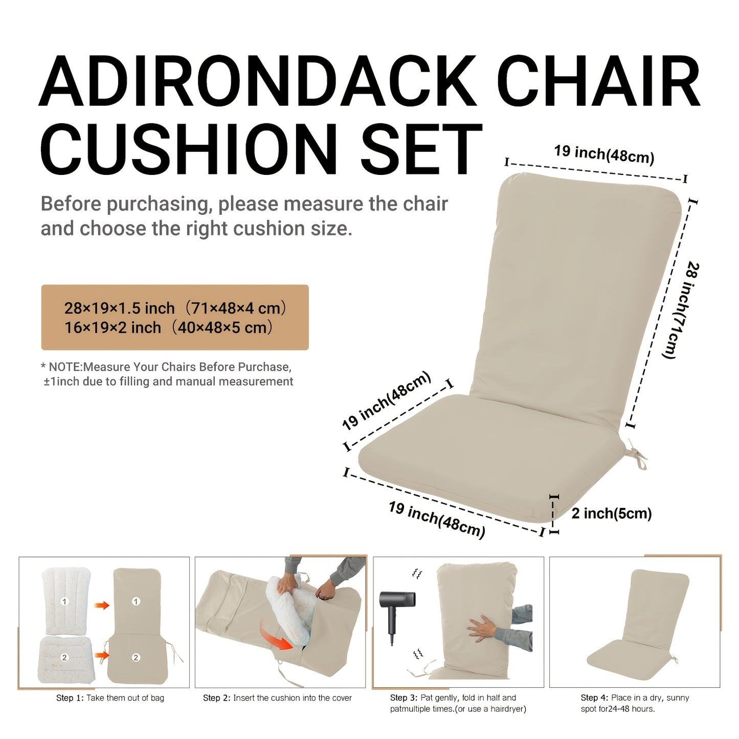 Adirondack Chair Cushion, 47" × 19", Fade-Resistant, 1 or 2-Pack