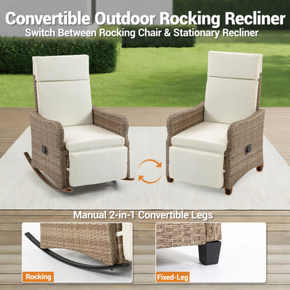 Rattan Recliner Chair Set of 2, 90–135° Adjustable, Rocking Footrest