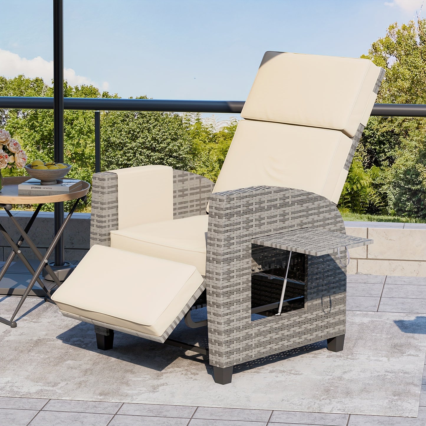 Wicker Outdoor Recliner, Lay-Flat, Flip Table, Push-Back Design