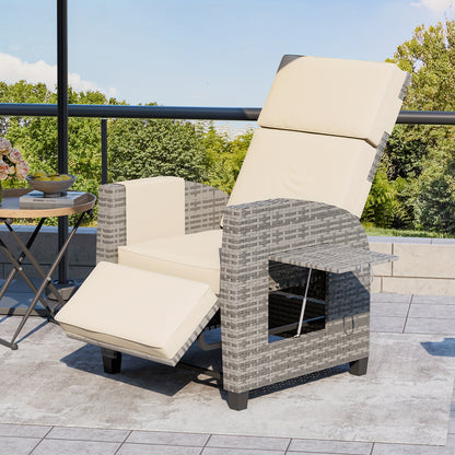 Wicker Outdoor Recliner, Lay-Flat, Flip Table, Push-Back Design