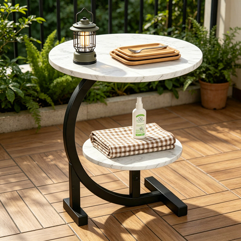 C-Shaped Patio Side Table, 2-Tier, Faux Marble, Metal Frame