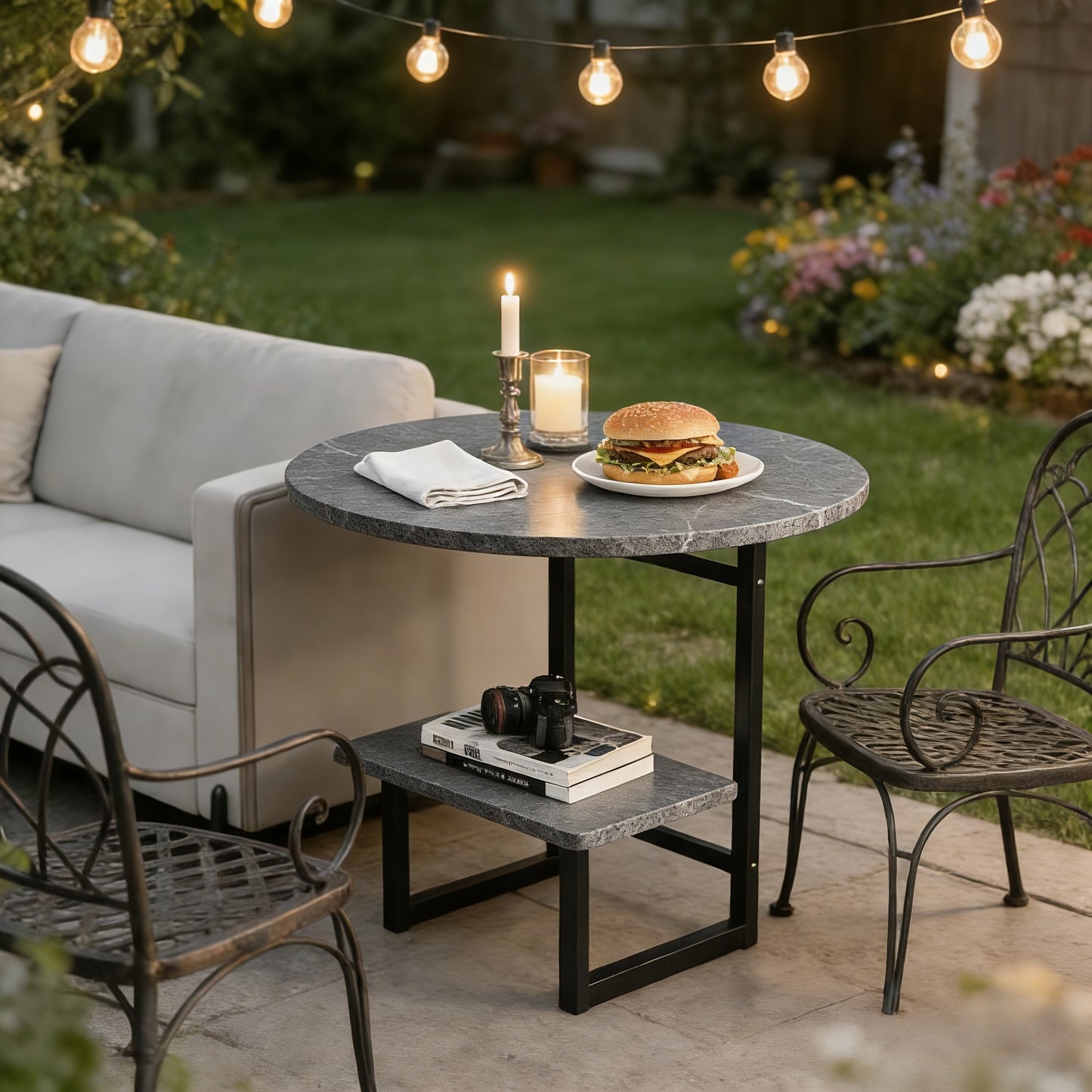Marble-Look Round Outdoor Side Table, Double Shelf, Metal Frame