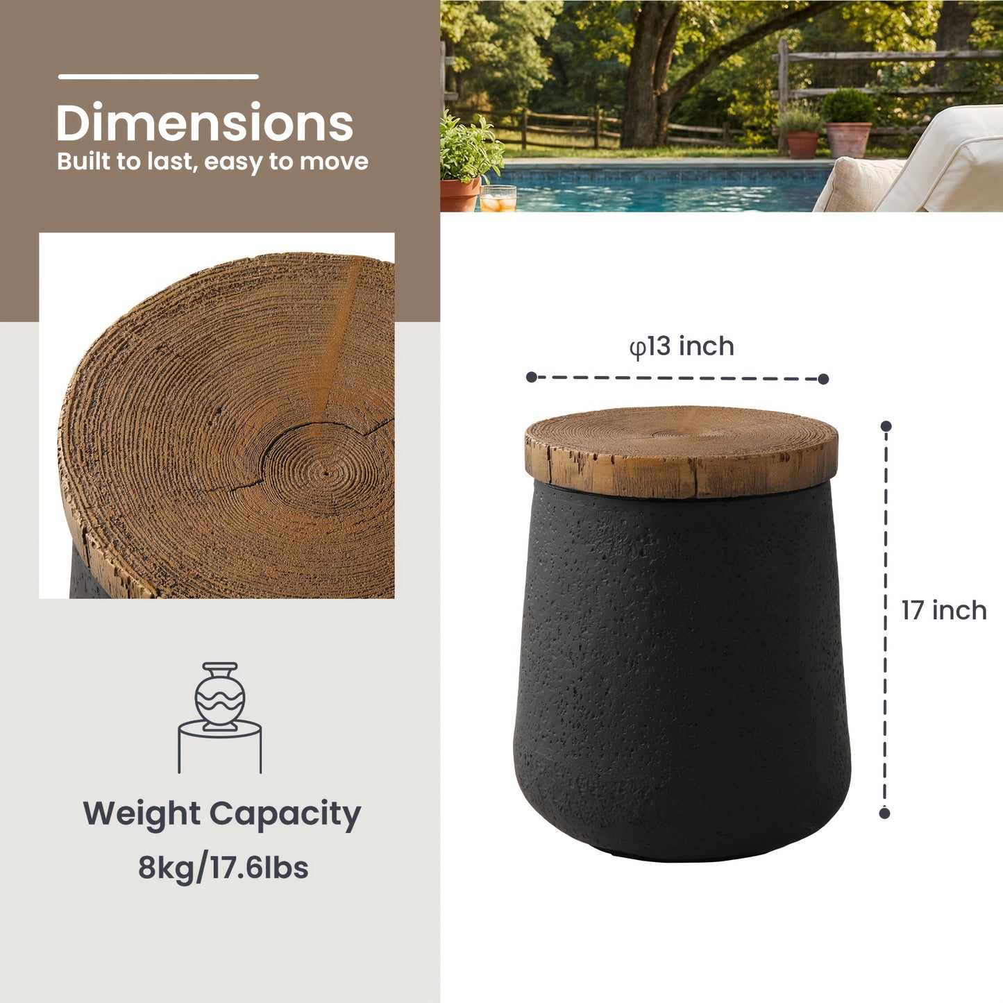 Concrete-Look Garden Side Table, 17", Wooden Top, Indoor/Outdoor
