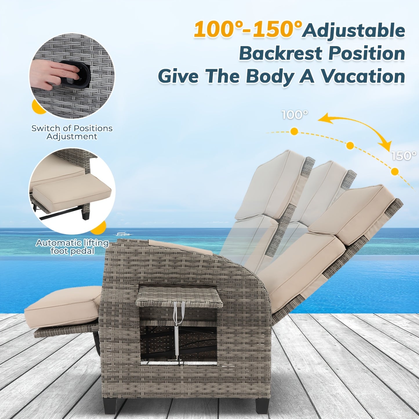 All-Weather Wicker Patio Recliner, Lay-Flat, Footrest & Side Table
