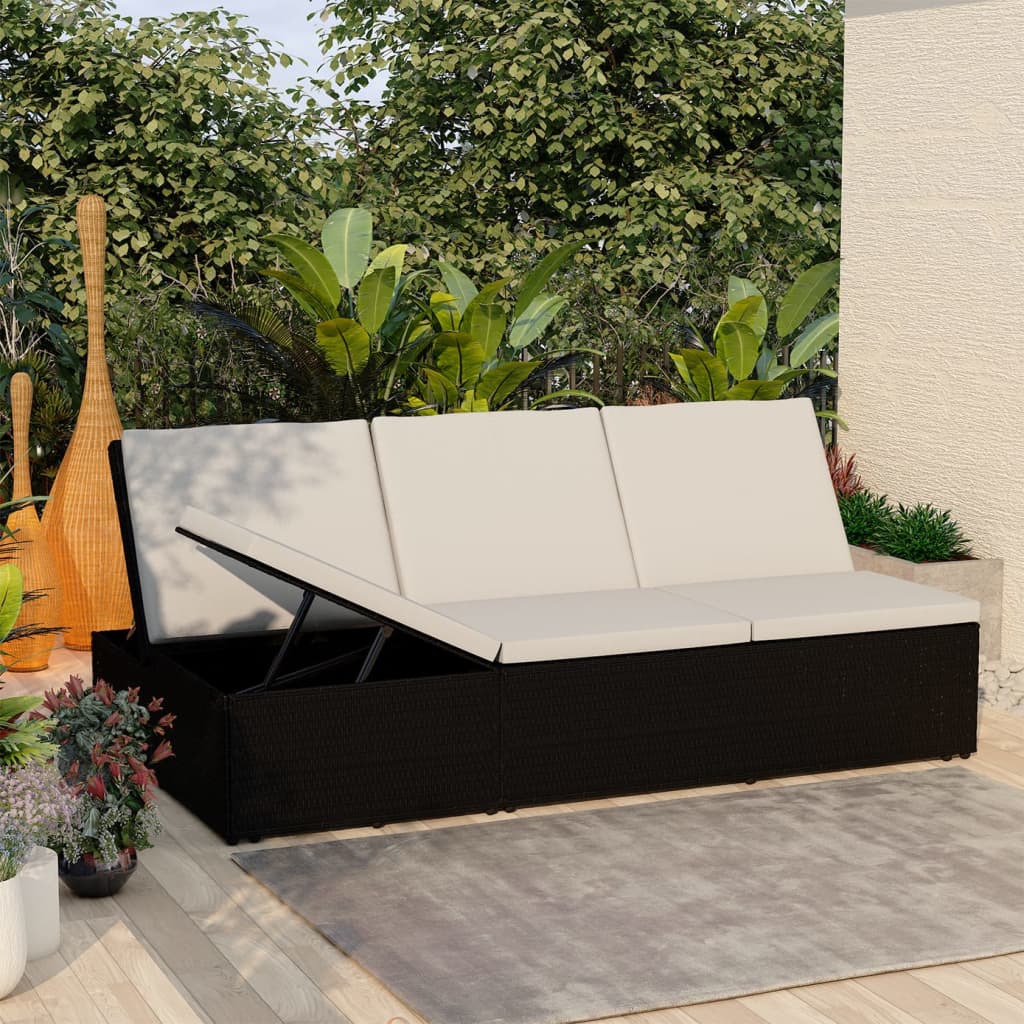 Convertible Sun Bed With Cushion Poly Rattan Black
