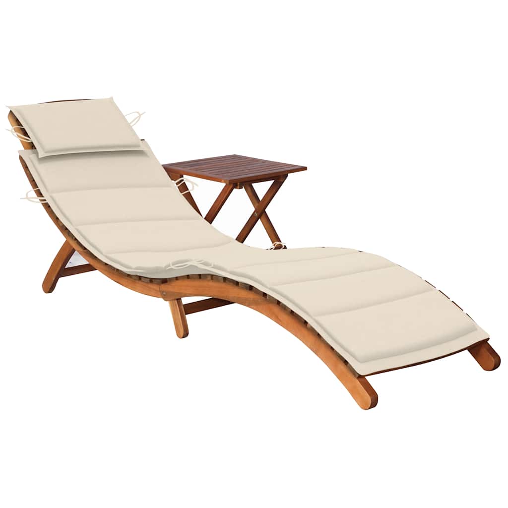 Patio Sun Lounger With Table And Cushion Solid Acacia Wood