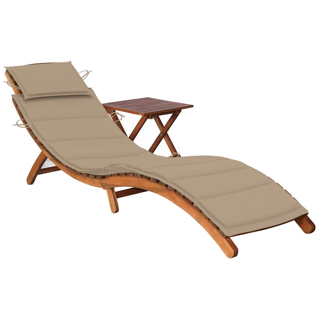 Patio Sun Lounger With Table And Cushion Solid Acacia Wood