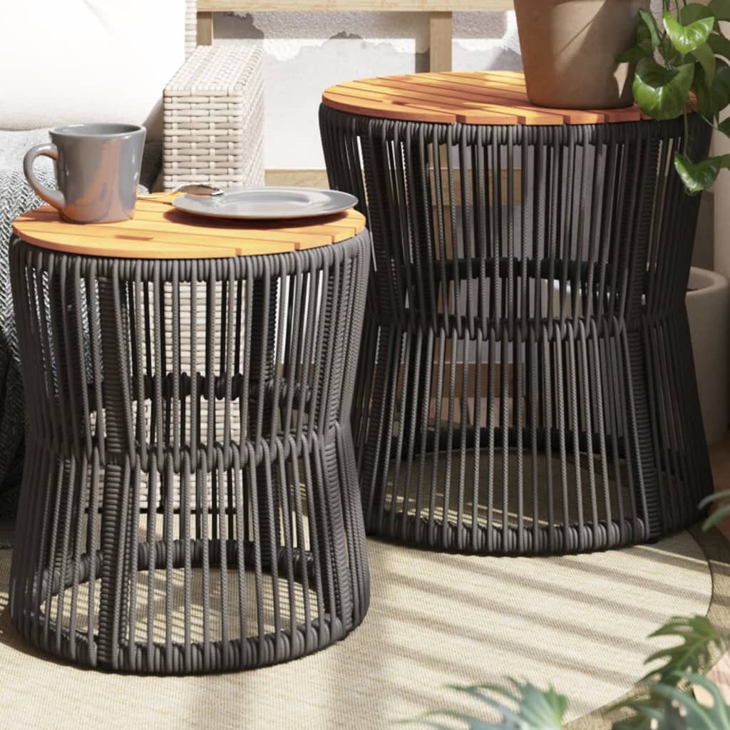 Patio Side Tables 2 Pcs With Wooden Top Poly Rattan