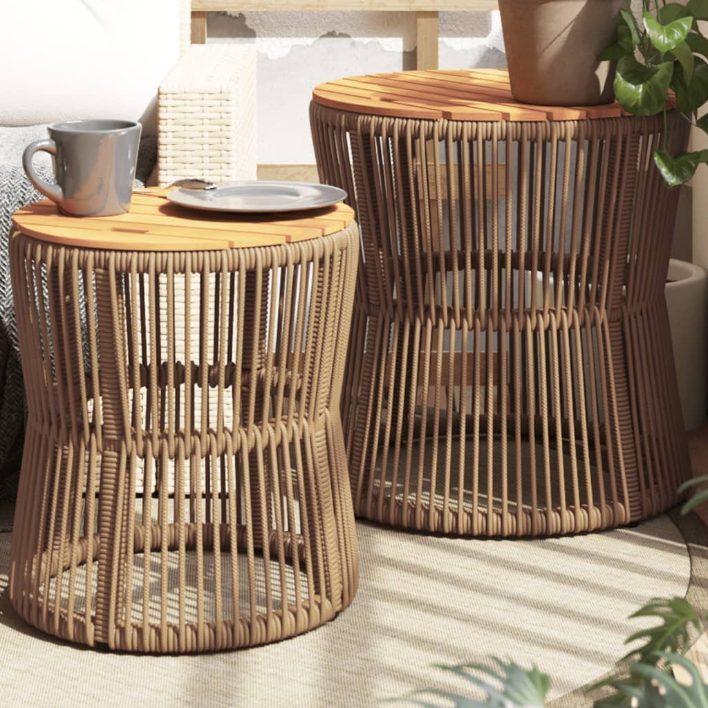 Patio Side Tables 2 Pcs With Wooden Top Poly Rattan