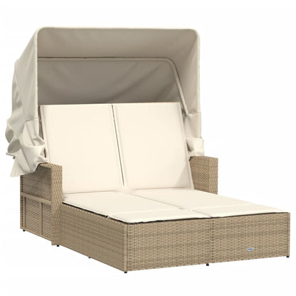 Double Sun Lounger With Canopy And Cushions Poly Rattan