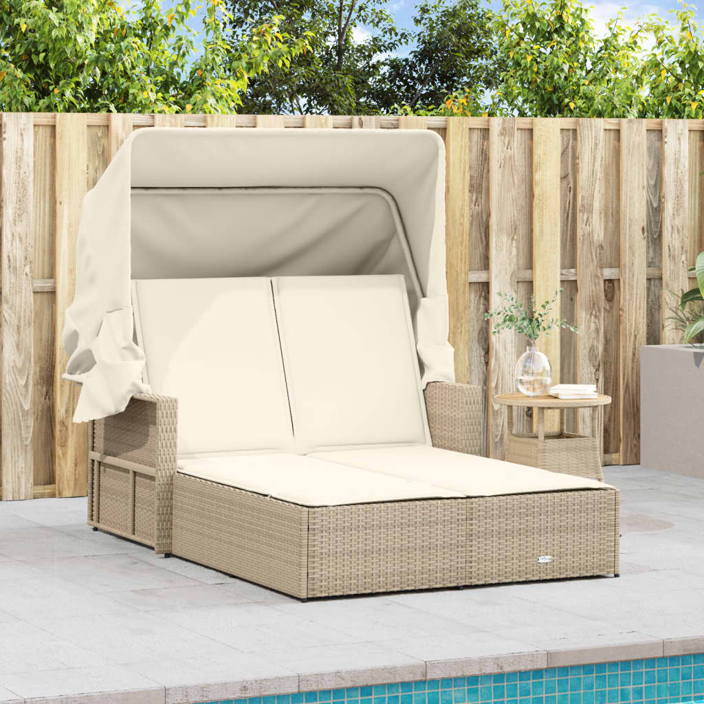 Double Sun Lounger With Canopy And Cushions Poly Rattan