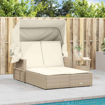 Double Sun Lounger With Canopy And Cushions Poly Rattan