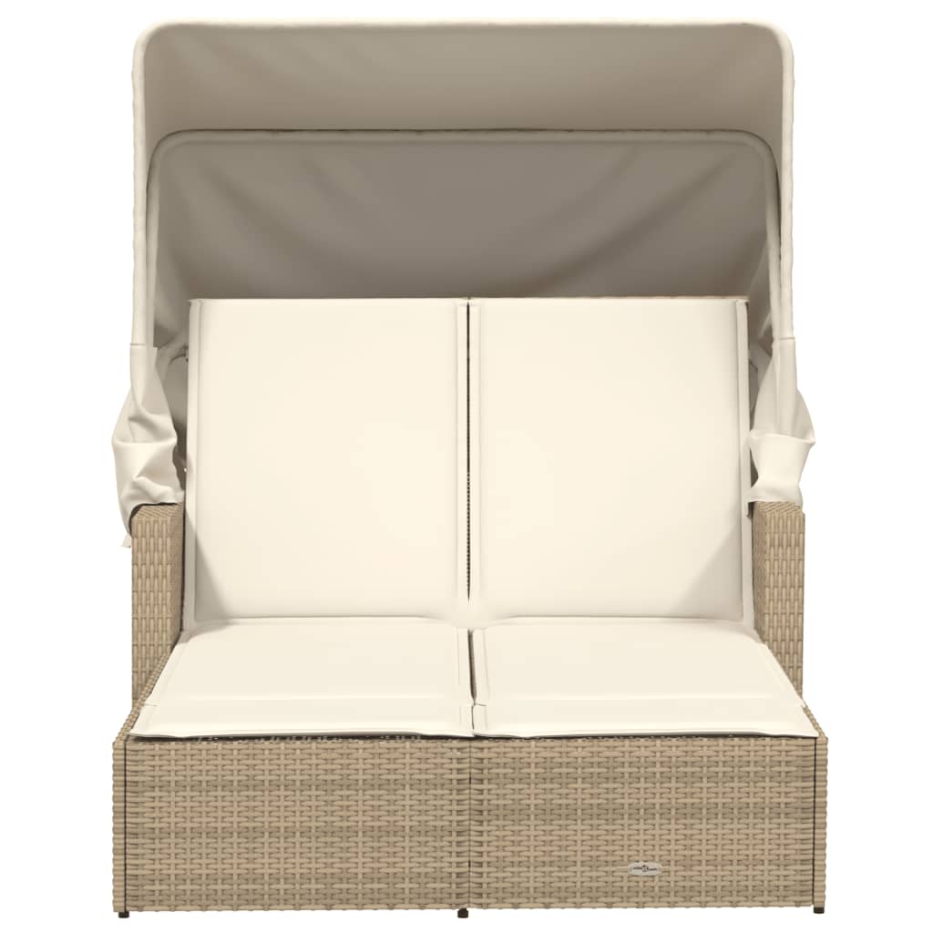Double Sun Lounger With Canopy And Cushions Poly Rattan