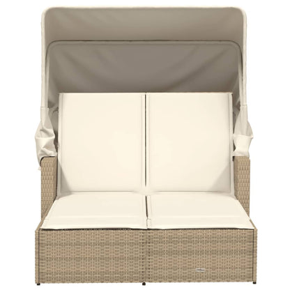 Double Sun Lounger With Canopy And Cushions Poly Rattan