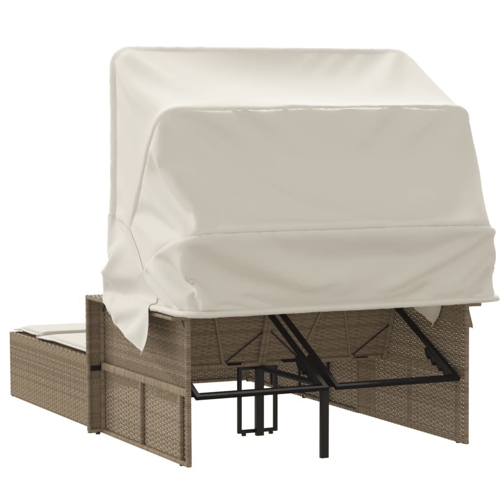 Double Sun Lounger With Canopy And Cushions Poly Rattan