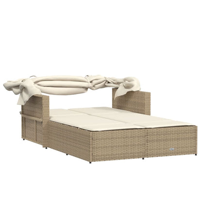 Double Sun Lounger With Canopy And Cushions Poly Rattan