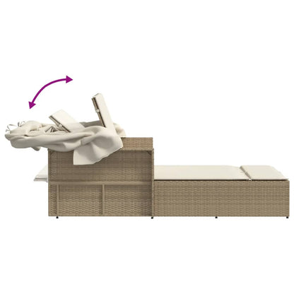 Double Sun Lounger With Canopy And Cushions Poly Rattan