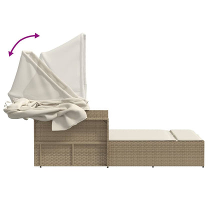 Double Sun Lounger With Canopy And Cushions Poly Rattan