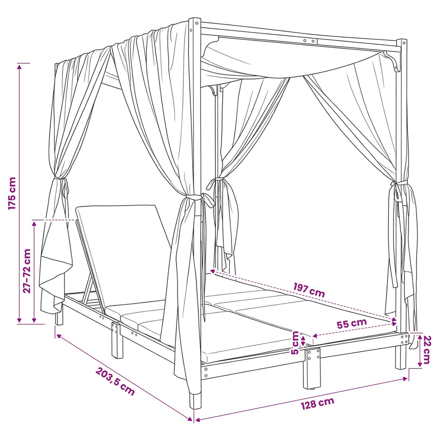 With Canopy And Curtains Solid Acacia Wood
