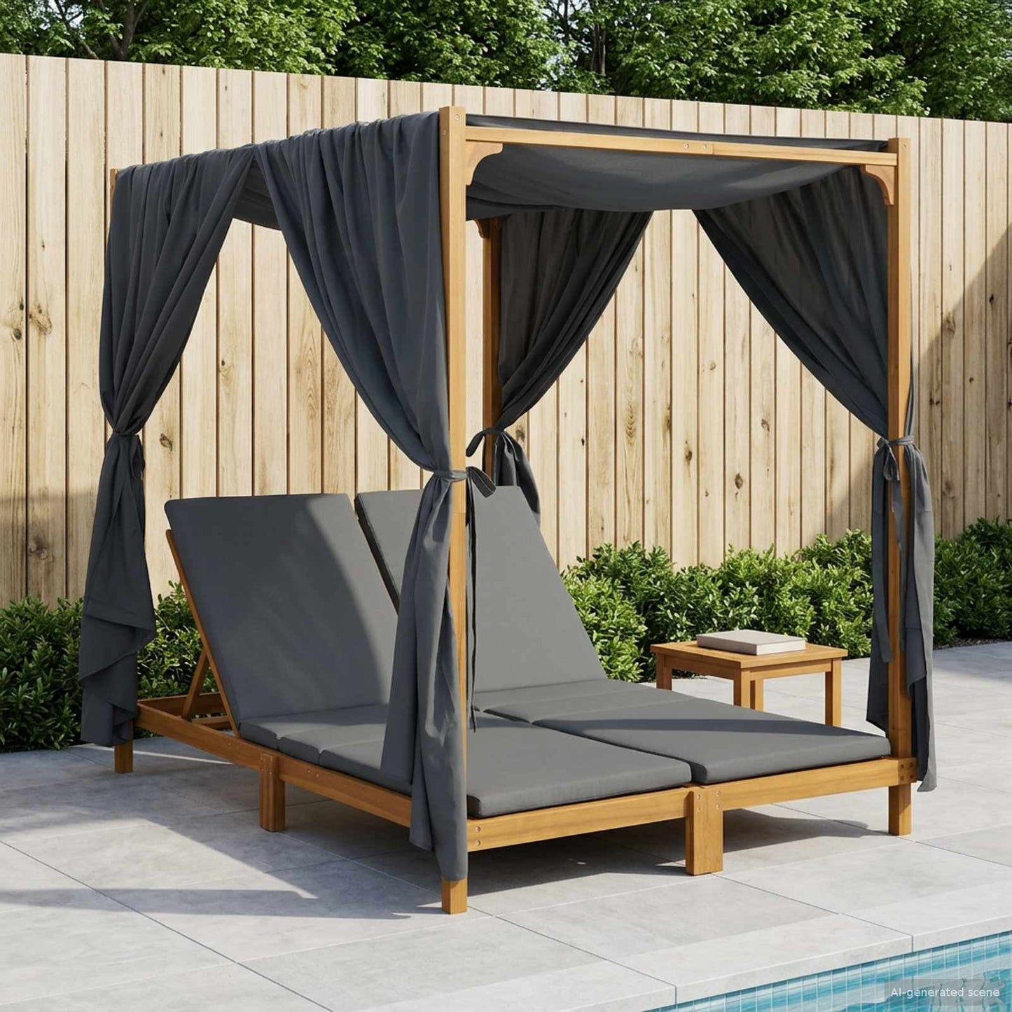 With Canopy And Curtains Solid Acacia Wood