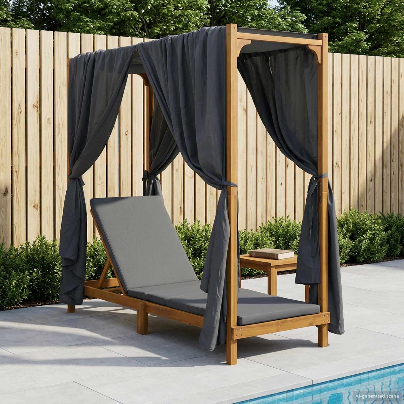 With Canopy And Curtains Solid Acacia Wood