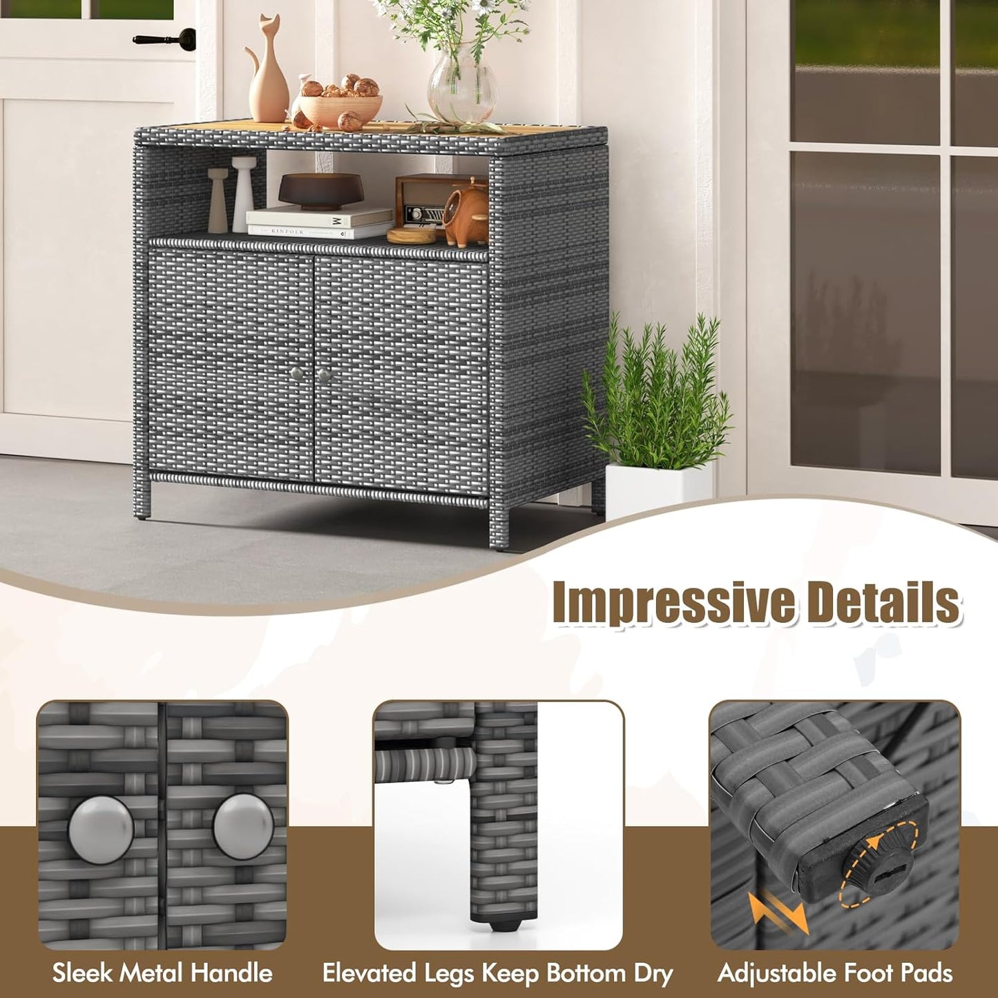 Rattan Outdoor Storage Cabinet, Acacia Countertop, 2-Door