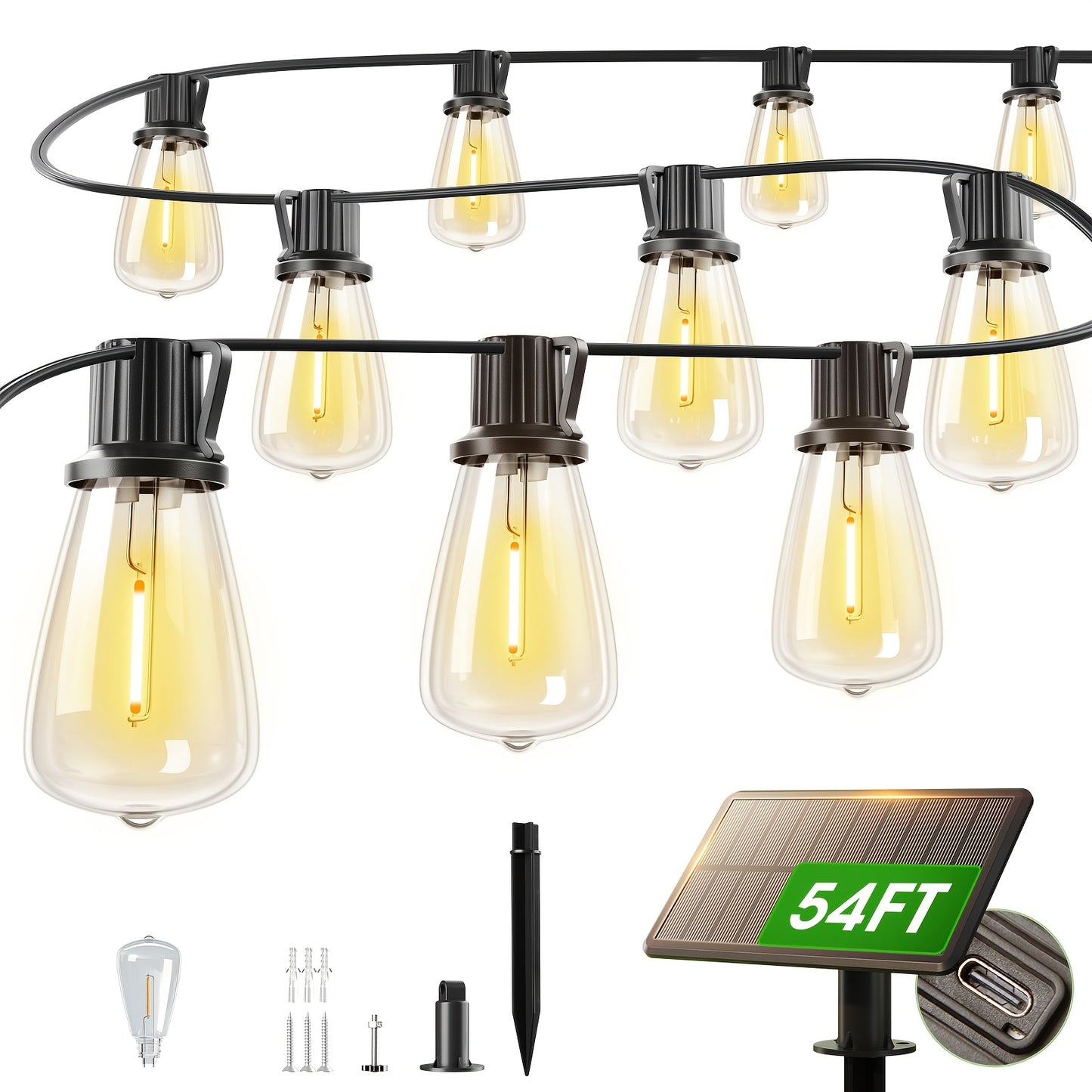 Solar LED String Lights, ST38 Edison Bulbs, Waterproof, 50–200ft