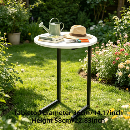 Marble-Look Round Outdoor Side Table, Double Shelf, Metal Frame