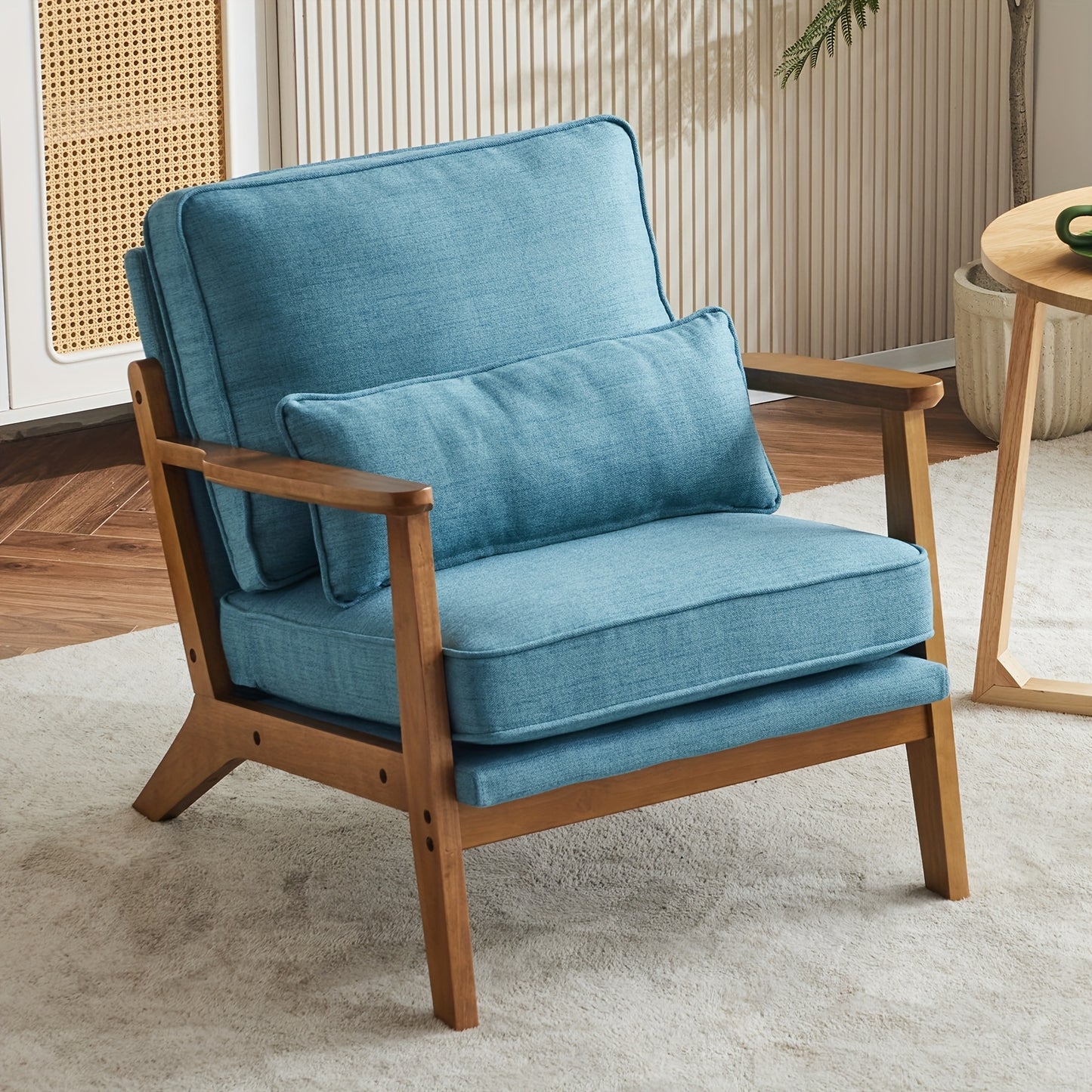 Mid-Century Accent Chair, Wide Armrests, Upholstered, with Pillow