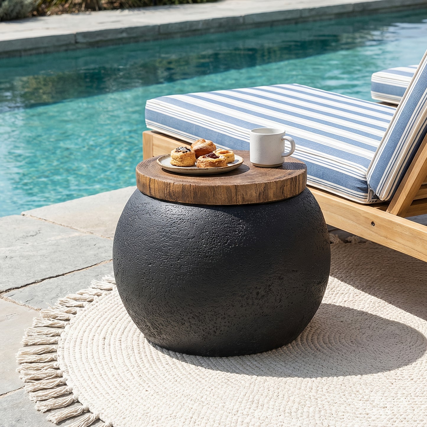Concrete-Look Garden Side Table, 17", Wooden Top, Indoor/Outdoor