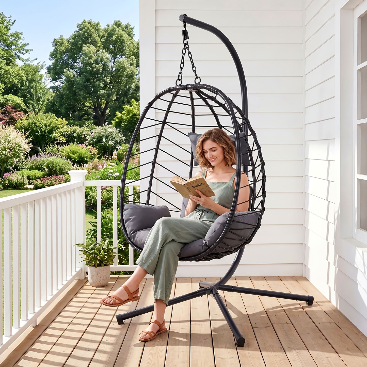 Rattan Wicker Egg Swing Chair with Stand, 350 lbs, Indoor/Outdoor