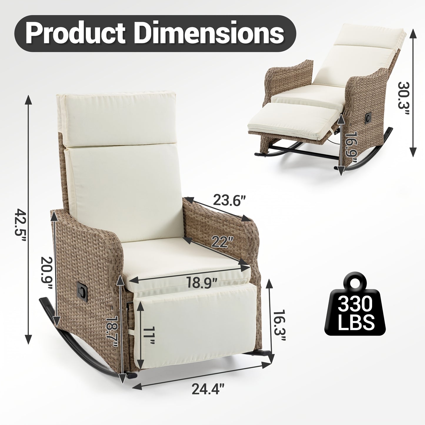 Rattan Recliner Chair Set of 2, 90–135° Adjustable, Rocking Footrest
