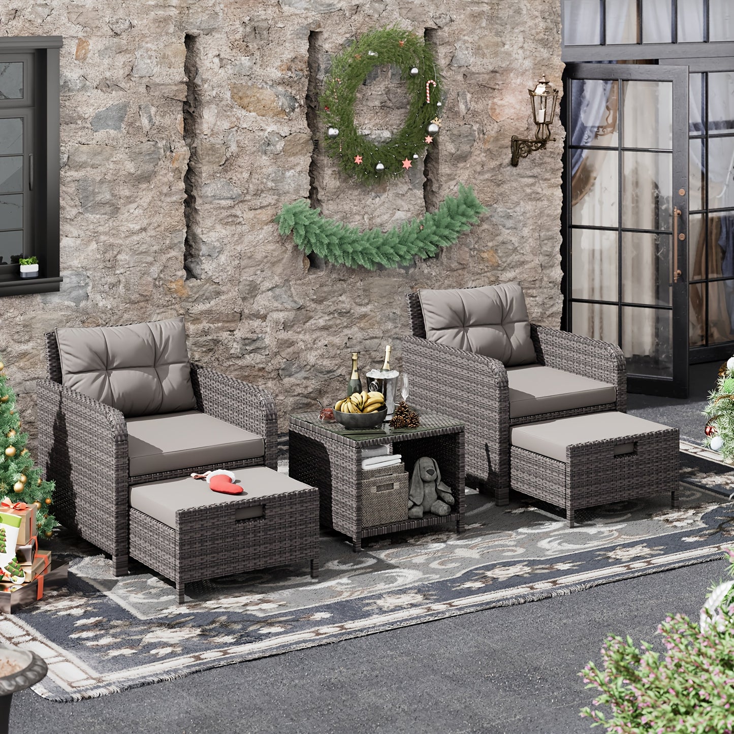 5-Piece Wicker Patio Set, Lounge Chairs, Ottomans & Glass Table