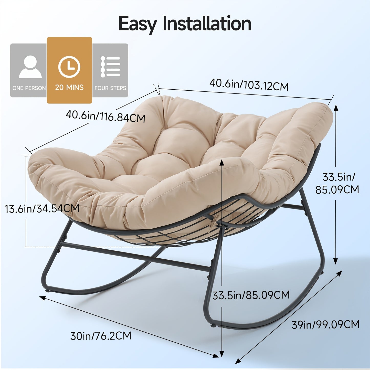 Oversized Papasan Rocking Chair, 450 lbs Capacity, Cushioned
