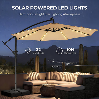 Solar LED Cantilever Patio Umbrella, 10ft, UPF50+, with Base