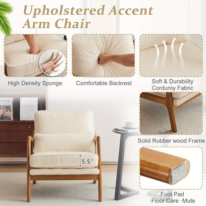 Mid-Century Accent Chair, Wide Armrests, Upholstered, with Pillow