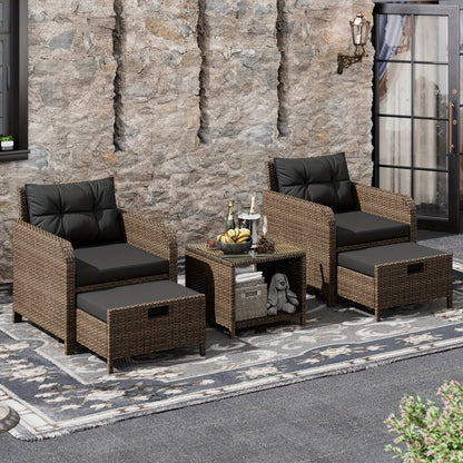 5-Piece Wicker Patio Set, Lounge Chairs, Ottomans & Glass Table