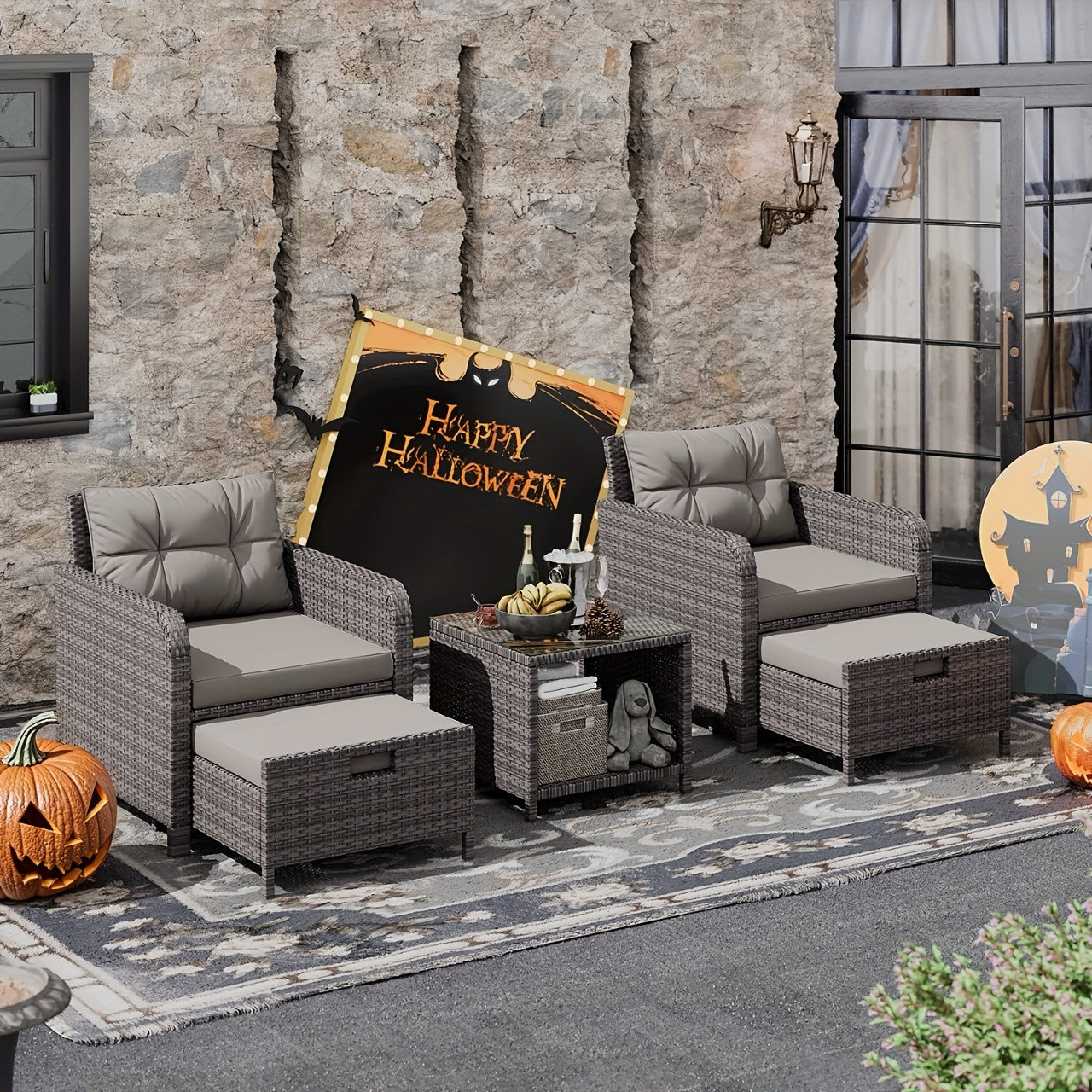 5-Piece Wicker Patio Set, Lounge Chairs, Ottomans & Glass Table