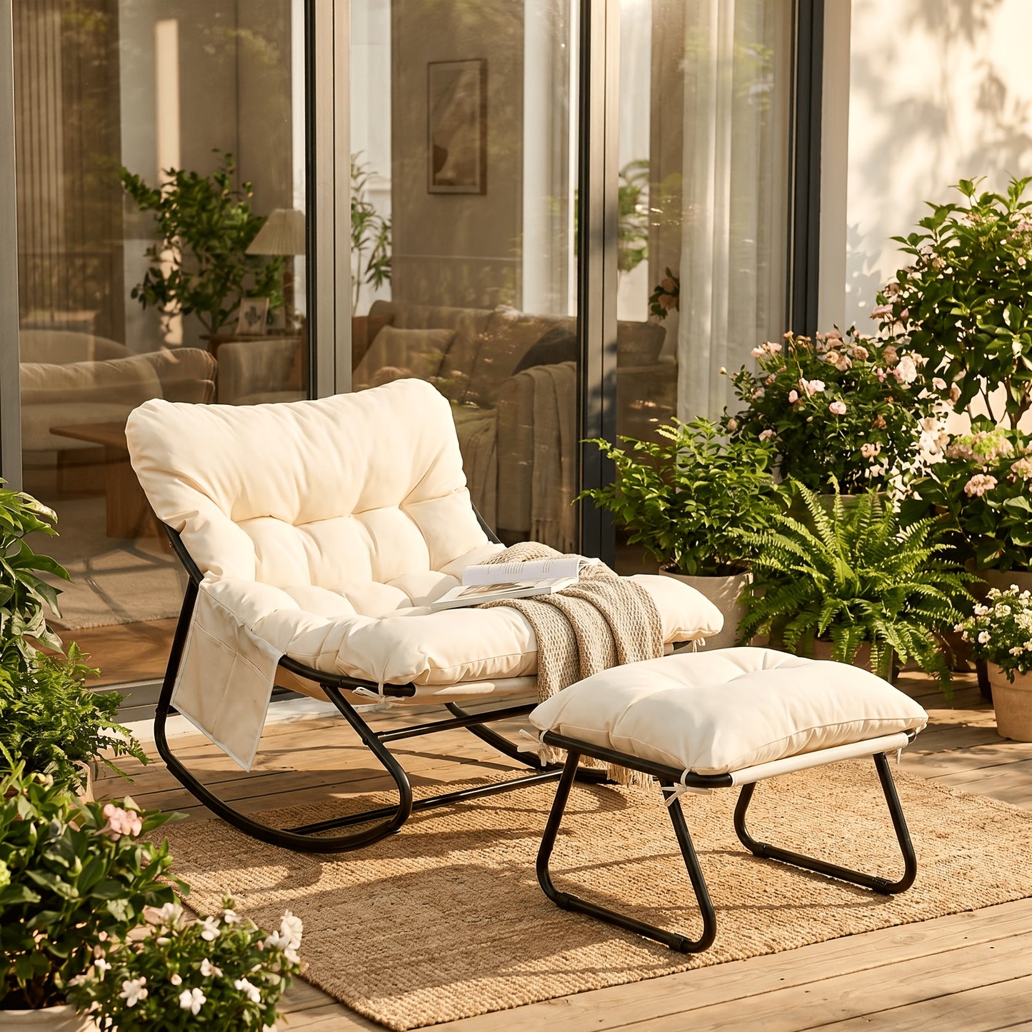 Papasan Rocking Chair with Ottoman, Metal Frame, Cushioned